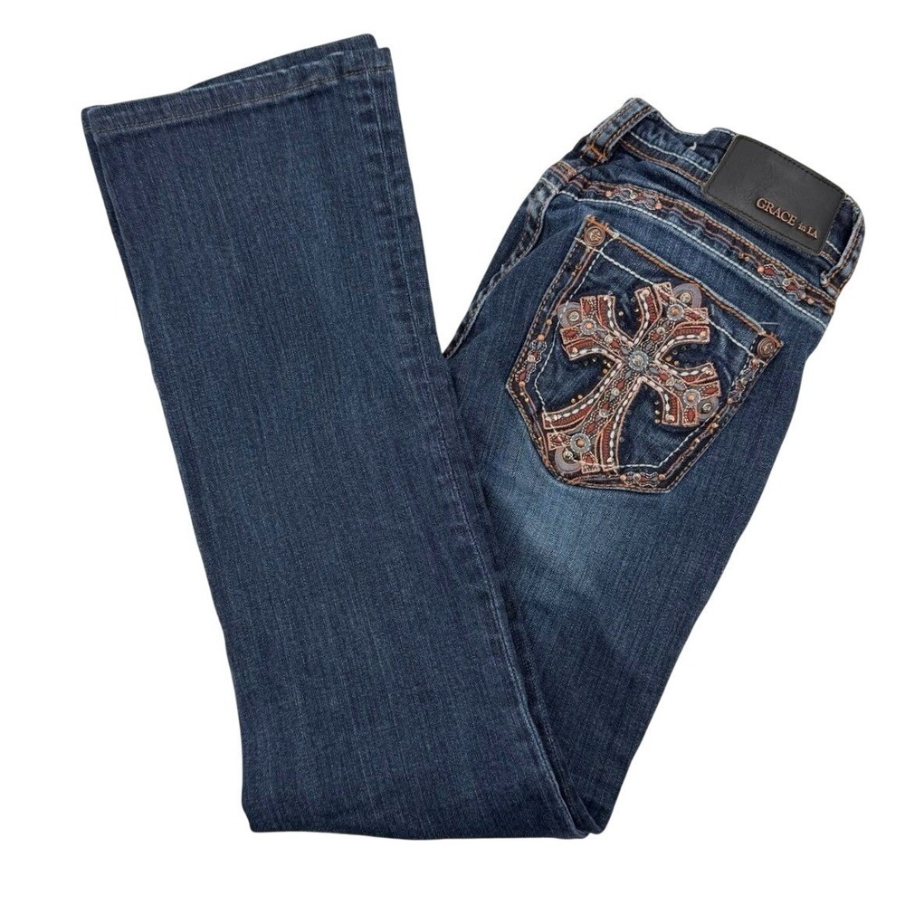 Grace in LA Womens 27 Bootcut Jeans Embellished Cross Pocket Dark Wash Denim Y2K